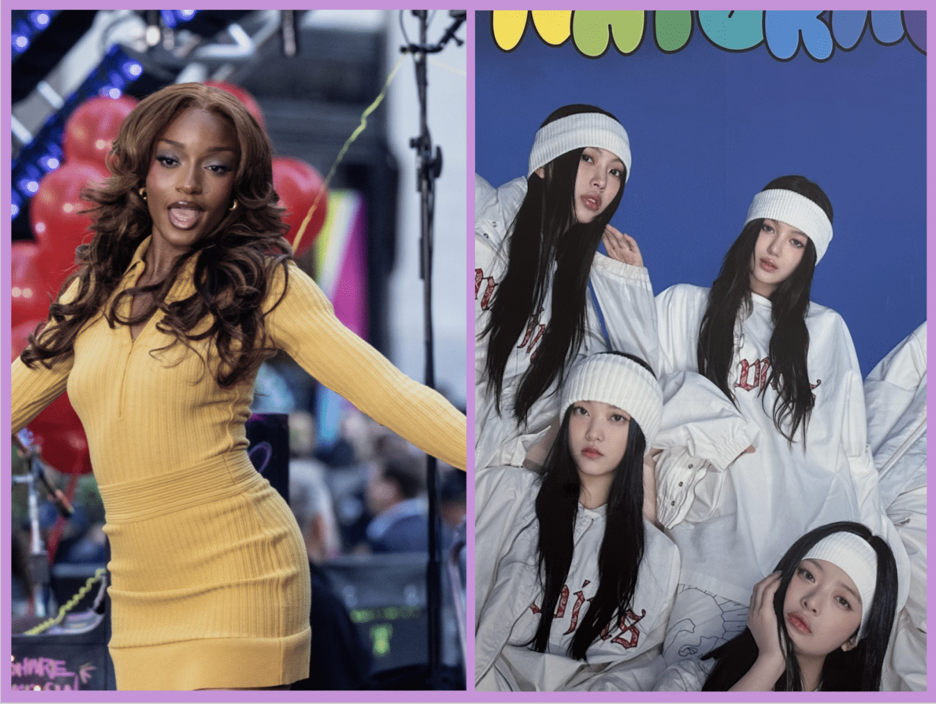 (Left) Afrobeats singer-songwriter Ayra Starr, (Right) four members of the K-Pop group NewJeans